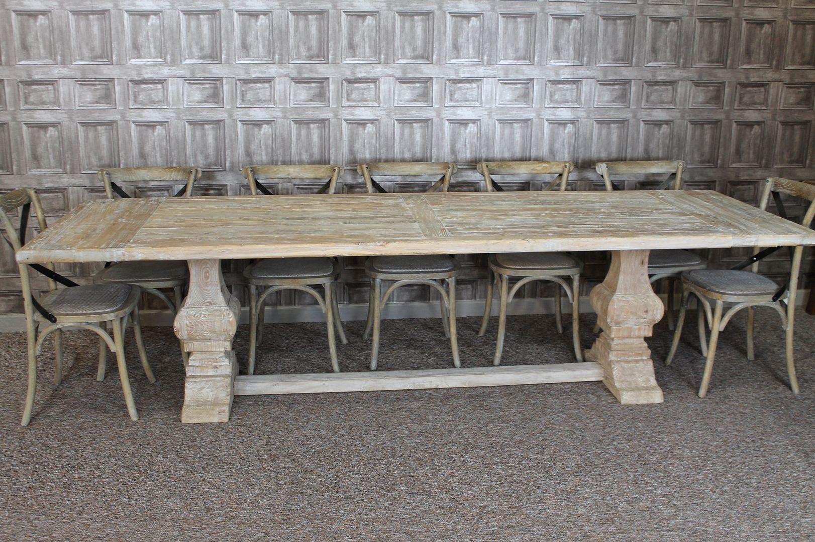 LARGE 3M DISTRESSED LIMED ELM DINING TABLE WHITE WASHED KITCHEN TABLE